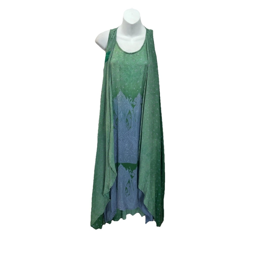Kantha Bae Boho Maxi Tank Dress silk Free Size Festival Hippie‎ Chic Beach green